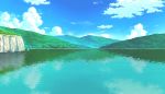  blankcoin blue_sky cliff clouds day forest lake mountain nature no_humans outdoors reflection scenery sky water_surface 