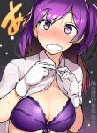  1girl blouse blush bra breasts cleavage embarrassed gloves gradient gradient_background hagikaze_(kantai_collection) highres kantai_collection long_hair looking_at_viewer open_mouth purple_bra purple_hair side_ponytail simple_background solo sweat taketora_suzume underwear violet_eyes wavy_mouth white_blouse white_gloves 