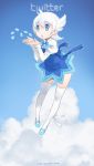  1girl 2014 artist_name blowing blue_eyes blue_shoes blue_sky clouds copyright_name dress head_wings icon juliet_sleeves long_sleeves personification pinafore_dress puffy_sleeves shoes short_hair silver_hair sky twitter yoshizaki_mine 
