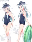  3girls ? anchor_symbol blue_eyes competition_school_swimsuit dx_(dekusu) flat_cap full_body hat hibiki_(kantai_collection) highres ikazuchi_(kantai_collection) inazuma_(kantai_collection) innertube kantai_collection long_hair multiple_girls multiple_views school_swimsuit silver_hair simple_background solo_focus swimsuit twitter_username white_background 