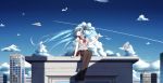  1girl black_legwear black_skirt blue_eyes blue_hair city clouds condensation_trail full_body hair_ribbon hatsune_miku highres long_hair looking_back looking_up n2_(yf33) open_mouth paper_airplane pleated_skirt ribbon rooftop scenery school_uniform serafuku skirt sky solo thigh-highs twintails very_long_hair vocaloid 