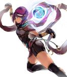  1girl armlet ass bangs black_gloves black_legwear blunt_bangs blush bracer breasts circlet closed_mouth dark_skin energy_ball eyebrows_visible_through_hair fingerless_gloves gloves green_eyes highres looking_at_viewer menat navel_cutout nishiide_kengorou purple_hair shawl shiny shiny_hair simple_background skindentation smile solo street_fighter street_fighter_v thigh-highs unitard white_background 