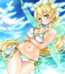  1girl artist_name at_classics bangs bikini blonde_hair blue_sky blush bracelet breast_hold breasts closed_mouth clouds cloudy_sky cowboy_shot day erect_nipples eyebrows_visible_through_hair fairy_wings green_eyes groin hair_between_eyes hand_on_hip jewelry large_breasts leafa long_hair looking_at_viewer navel outdoors pointy_ears ponytail sample side-tie_bikini sidelocks sky smile solo stomach swimsuit sword_art_online thigh_gap traditional_media very_long_hair water watermark wings 