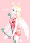  1girl absurdres barefoot blonde_hair blue_eyes braid character_name conis feathered_wings harp highres instrument long_hair one_piece open_mouth pink_background simple_background solo twin_braids wings zhandouli_zhaganga 