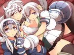  3girls ainu_clothes black_legwear blue_skirt bob_cut breasts brown_eyes cropped_jacket folded_ponytail hair_ornament hair_over_one_eye hairclip hamakaze_(kantai_collection) headband highres kamoi_(kantai_collection) kantai_collection large_breasts long_hair looking_at_viewer lying multiple_girls pantyhose pillow pleated_skirt school_uniform serafuku short_hair silver_hair skirt thigh-highs ueda_katsuhito unryuu_(kantai_collection) violet_eyes white_hair wrist_guards 