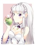  1girl apple breasts choker cleavage detached_sleeves emilia_(re:zero) eyebrows_visible_through_hair flower food fruit hair_flower hair_ornament hair_ribbon holding holding_fruit kurut long_hair medium_breasts pointy_ears purple_ribbon re:zero_kara_hajimeru_isekai_seikatsu ribbon shiny shiny_skin silver_hair simple_background solo upper_body very_long_hair violet_eyes white_background white_flower 