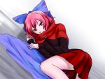  1girl blue_bow blue_cape bow cape dutch_angle hair_bow high_collar long_sleeves looking_at_viewer lying on_side pink_eyes red_skirt redhead sekibanki skirt solo tenamaru touhou 