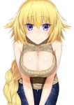  1girl absurdres blonde_hair blush braid breasts cleavage fate/apocrypha fate/grand_order fate_(series) highres large_breasts long_hair looking_at_viewer ruler_(fate/apocrypha) simple_background single_braid smile solo very_long_hair wa_to_su white_background yellow_eyes 