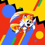  90s animal_ears clenched_hands commentary fangs flat_color flying fox_ears gloves kaigetsudo miles_tails_prower motion_blur multiple_tails nose open_mouth retro shoes sneakers solo sonic_mania sonic_the_hedgehog tail tails_(sonic) white_gloves 