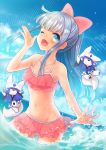  1girl ;d blue_eyes blue_sky blush fox frilled_swimsuit frills highres inuyama_(oshiro_project) navel nishiki_koi one_eye_closed open_mouth oshiro_project_re outdoors pink_swimsuit sky smile solo splashing standing swimsuit twitter_username water 