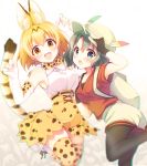  2girls :d :o animal_ears armpits backpack bag bare_shoulders black_gloves black_hair black_legwear blonde_hair blue_eyes blurry blush bow bowtie depth_of_field elbow_gloves extra_ears fang gloves gunp hair_between_eyes hand_on_headwear hat hat_feather highres kaban_(kemono_friends) kemono_friends looking_at_viewer multiple_girls one_leg_raised open_mouth pantyhose print_bowtie print_gloves print_legwear print_skirt red_shirt serval_(kemono_friends) serval_ears serval_print serval_tail shirt short_hair short_sleeves shorts skirt sleeveless smile tail thigh-highs white_shirt yellow_eyes zettai_ryouiki 