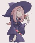  1girl belt hair_over_one_eye hat holding holding_mushroom little_witch_academia mochi_(mochi444420) mushroom pale_skin pink_eyes pink_hair simple_background smirk solo sucy_manbavaran upper_body wide_sleeves witch_hat 