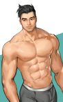  1boy abs black_eyes black_hair collarbone craig_cahn dream_daddy:_a_dad_dating_simulator eyebrows highres jang_ju_hyeon looking_at_viewer male_focus muscle solo standing 
