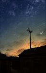  clouds crescent_moon hei_meng highres house moon night night_sky no_humans outdoors power_lines scenery shooting_star silhouette sky star_(sky) starry_sky sunset telephone_pole 
