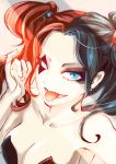  1girl bare_shoulders blue_eyes blue_hair breasts cleavage dc_comics harley_quinn large_breasts looking_at_viewer multicolored_hair redhead solo tongue tongue_out two-tone_hair upper_body 
