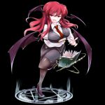  1girl between_breasts black_background black_legwear black_shoes book breasts collared_shirt demon_wings fang full_body fumitsuki_(minaduki_6) hair_between_eyes head_wings high_heels koakuma large_breasts long_hair long_sleeves looking_at_viewer magic_circle necktie necktie_between_breasts open_mouth pantyhose pencil_skirt red_eyes red_necktie redhead shirt shoes simple_background skirt skirt_set solo touhou vest white_shirt wing_collar wings 