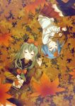  2girls alternate_costume autumn autumn_leaves black_legwear black_skirt blue_hair book bow brown_sweater closed_eyes facing_away facing_viewer from_above front_ponytail green_hair hair_bobbles hair_bow hair_ornament highres kagiyama_hina kawashiro_nitori key leaf leaf_on_head long_sleeves lying maple_leaf multiple_girls nishiaita on_back on_ground on_side orange_bow plaid pleated_skirt poncho red_skirt skirt sleeping smile sweater thigh-highs touhou turtleneck turtleneck_sweater two_side_up upside-down white_sweater 