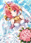  1girl berserker_of_black blue_eyes blue_sky bouquet breasts bridal_veil brown_eyes clouds day dress elbow_gloves eyebrows_visible_through_hair fate/apocrypha fate_(series) flower gloves hair_flower hair_ornament heterochromia holding holding_bouquet horn looking_at_viewer nogi_takayoshi petals pink_hair rose short_hair sky sleeveless sleeveless_dress small_breasts smile solo veil wedding_dress white_dress white_gloves 