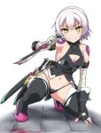  &gt;:) 1girl arm_belt assassin_of_black bandage bandaged_arm belt black_gloves black_legwear black_panties blood buckle cleavage_cutout commentary_request dagger elbow_gloves facial_scar fate/apocrypha fate_(series) fingerless_gloves gloves looking_at_viewer navel one_knee panties pink_shoes reverse_grip scar scar_across_eye sheath shoes shoulder_tattoo silver_hair single_elbow_glove single_fingerless_glove sleeveless solo tattoo thigh-highs underwear weapon yellow_eyes yopparai_oni 