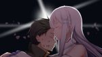  1boy 1girl black_background black_hair blood blood_on_face closed_eyes detached_sleeves emilia_(re:zero) floating_hair highres hug long_hair manna_(pixiv8805037) natsuki_subaru petals portrait re:zero_kara_hajimeru_isekai_seikatsu silver_hair 