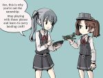  2girls adrian_ferrer aircraft airplane bangs brown_hair commentary cosplay dress english grey_hair hair_ribbon hair_tie kantai_collection kasumi_(kantai_collection) kasumi_(kantai_collection)_(cosplay) long_sleeves multiple_girls open_mouth pinafore_dress red_ribbon ribbon ryuujou_(kantai_collection) side_ponytail twintails visor_cap 