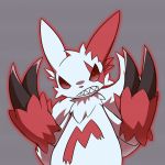  1boy angry animal_ears claws clenched_teeth fox_tail furry glowing_eyes grey_background hands_up looking_at_viewer no_humans pokemon pokemon_(creature) pokemon_rse red_eyes red_fur red_sclera sharp_teeth simple_background solo tail teeth upper_body white_fur zangoose 