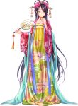  1girl artist_request breasts chang&#039;an_(oshiro_project) chinese_clothes cleavage eating fan food full_body hair_ornament holding holding_fan holding_food long_hair official_art oshiro_project oshiro_project_re purple_hair smile transparent_background very_long_hair yellow_eyes 