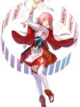  1girl armor cape fire_emblem fire_emblem_heroes fire_emblem_if full_body gloves hair_ornament hairband highres official_art open_mouth paper pink_hair red_eyes redhead sakura_(fire_emblem_if) short_hair smile solo staff 