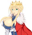  1girl armor artoria_pendragon_(all) artoria_pendragon_(lancer) blonde_hair braid breast_hold breasts cape cleavage crown fate/grand_order fate_(series) fur-trimmed_cape fur_trim green_eyes looking_at_viewer open_mouth white_background 