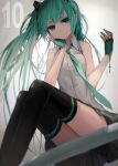  1girl aqua_hair character_name fingerless_gloves from_below gloves green_eyes green_gloves green_hair hatsune_miku highres long_hair nail_polish necktie sitting skirt solo thigh-highs twintails very_long_hair vocaloid zen_o 