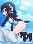  all_fours ass black_hair blue_sky boots brown_eyes clouds commentary_request day full_body headphones highres humboldt_penguin_(kemono_friends) kemono_friends multicolored_hair outdoors pink_hair profile sat-c short_hair sky tail water 