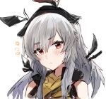  1girl ^^^ animal_ears arknights bangs bare_shoulders blush closed_mouth eyebrows_visible_through_hair grey_hair head_tilt long_hair portrait raw_egg_lent red_eyes simple_background sleeveless solo weedy_(arknights) white_background 