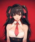  1girl bare_shoulders black_hair brown_eyes collar girls_frontline lips looking_at_viewer necktie qbz-97_(girls_frontline) red_background solo takssmask twintails 