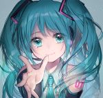  1girl absurdres aqua_eyes aqua_hair aqua_necktie arm_tattoo bangs collared_shirt commentary_request detached_sleeves grey_background hatsune_miku headset highres necktie reaching_out shirt smile solo tattoo tears twintails upper_body vocaloid yukiko_(tesseract) 