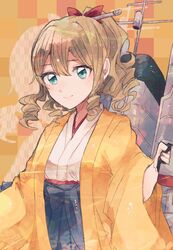  1girl aqua_eyes black_hakama bow drill_hair hair_between_eyes hair_bow hakama hatakaze_(kantai_collection) itomugi-kun japanese_clothes kantai_collection kimono light_brown_hair meiji_schoolgirl_uniform ponytail red_bow short_hair smile solo wide_sleeves yellow_kimono 