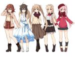  &gt;:d 5girls :d absurdres ahoge alternate_costume blonde_hair blue_eyes boots braid brown_eyes brown_hair dress hair_flaps hair_ornament hair_ribbon hairband hairclip harusame_(kantai_collection) hat highres kantai_collection kneehighs light_brown_hair long_hair multiple_girls murasame_(kantai_collection) nyum open_mouth pink_eyes pink_hair red_eyes remodel_(kantai_collection) ribbon scarf scrunchie shigure_(kantai_collection) shiratsuyu_(kantai_collection) short_hair side_ponytail single_braid skirt smile sweater twintails wrist_scrunchie yuudachi_(kantai_collection) 