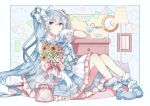  1girl absurdres blue_dress blue_eyes blue_hair bouquet clock dress flower gloves gocoli hatsune_miku highres lamp long_hair mary_janes phone rotary_phone shoes sitting socks solo twintails vocaloid white_gloves 