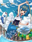  1girl :d araquanid arm_up armpits baggy_pants bare_arms blue_eyes blue_hair blue_sky clouds cloudy_sky covered_navel dewpider feet fishing_rod full_body hairband one-piece_swimsuit open_mouth outdoors pants pokemoa pokemon pokemon_(creature) pokemon_(game) pokemon_sm psyduck shirt short_hair sky sleeveless sleeveless_shirt slippers smile suiren_(pokemon) swimsuit swimsuit_under_clothes trial_captain water wingull wishiwashi 