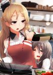  2girls alcohol apron bare_shoulders blonde_hair bottle braid brown_eyes cooking drunk food frying_pan grey_hair hat highres indoors kantai_collection long_hair mini_hat multiple_girls open_mouth pola_(kantai_collection) pouring square_mouth suginoji tears thick_eyebrows tomato vegetable wavy_hair wine wine_bottle zara_(kantai_collection) 