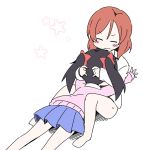  2girls bare_legs barefoot black_hair blue_skirt blush bow cardigan closed_eyes glomp hair_bow hug long_sleeves love_live! love_live!_school_idol_project multiple_girls nekotoufu nishikino_maki no_nose pink_shirt red_bow redhead shirt skirt star sweat sweater twintails wavy_mouth white_background white_shirt yazawa_nico yuri 