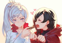  2girls black_hair blue_eyes blush cloak closed_eyes cookie cross drooling feeding food hair_flaps hair_ornament hair_scrunchie heart hood hooded_cloak izumi_sai long_hair multiple_girls open_mouth paw_pose ponytail pout ruby_rose rwby scar scar_across_eye scrunchie short_hair smile weiss_schnee white_hair 