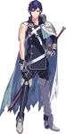  1boy blue_eyes blue_hair cape ebira falchion_(fire_emblem) fire_emblem fire_emblem:_kakusei fire_emblem_heroes full_body gloves highres krom looking_at_viewer male_focus official_art short_hair smile solo sword weapon 