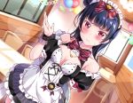  1girl 3:&lt; alternate_costume arm_behind_back balloon bangs bare_shoulders black_hair blurry blurry_background blush bow bowtie breasts breasts_apart chair cleavage cleavage_cutout depth_of_field detached_sleeves dress dutch_angle enmaided hair_bow hair_bun jewelry long_hair looking_at_viewer love_live! love_live!_sunshine!! maid maid_headdress necklace paper_chain pout puffy_short_sleeves puffy_sleeves ribbon-trimmed_sleeves ribbon_trim short_sleeves side_bun small_breasts solo standing striped striped_bow striped_bowtie sweatdrop table tipii tsushima_yoshiko violet_eyes wrist_cuffs 