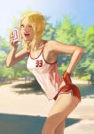  1girl bad_girl beer_can blonde_hair blue_sky can gloves hand_on_hip kozaki_yuusuke looking_at_viewer no_more_heroes official_art one_eye_closed open_mouth short_hair short_shorts shorts single_glove sky smile solo tank_top travis_strikes_back:_no_more_heroes tree 