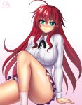  1girl ahoge aqua_eyes artist_name bangs blouse blush breasts eyebrows_visible_through_hair eyelashes gradient gradient_background grigorart high_school_dxd large_breasts legs_together long_hair looking_at_viewer miniskirt redhead rias_gremory school_uniform sitting skirt smile socks solo thighs 