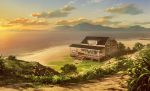  background beach clouds cloudy_sky commentary dao_dao door flower grass highres horizon house landscape mountain mountainous_horizon no_humans ocean outdoors path reflection road sand scenery shore sky stairs sunset tree window 
