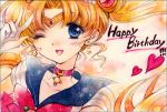 1girl ;d bishoujo_senshi_sailor_moon blonde_hair blue_eyes blue_sailor_collar brooch collarbone earrings gloves hair_bun hair_ornament hairpin happy_birthday heart jewelry long_hair looking_at_viewer magical_girl one_eye_closed open_mouth red_choker sailor_moon smile solo tsukino_usagi twintails v white_gloves yunshin 