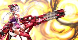  1girl ahoge bare_shoulders bouncing_breasts breasts commentary_request covered_navel dual_wielding elbow_gloves explosion gatling_gun gloves grin gun headgear highres large_breasts leotard long_hair looking_at_viewer parted_lips purple_leotard red_legwear senki_zesshou_symphogear shiny shiny_clothes silver_hair smile solo tect thigh-highs twintails violet_eyes weapon yukine_chris 