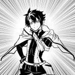  1boy absurdres black_gloves cape cosplay cowboy_shot diffraction_spikes doyagao emphasis_lines fate/extella fate/extella_link fate/extra fate/grand_order fate_(series) fujimaru_ritsuka_(male) gloves greyscale hair_dye hand_on_hip highres male_focus mkon monochrome saber_(fate/extella_link) saber_(fate/extella_link)_(cosplay) short_hair solo 