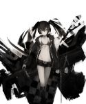  1girl belt black_bikini_top black_boots black_hair black_rock_shooter black_rock_shooter_(character) black_shorts boots chains flat_chest front-tie_bikini front-tie_top grey_eyes greyscale gyup91 hair_between_eyes head_tilt highres knee_boots long_hair looking_at_viewer midriff monochrome navel scar short_shorts shorts simple_background solo standing stomach twintails white_background 